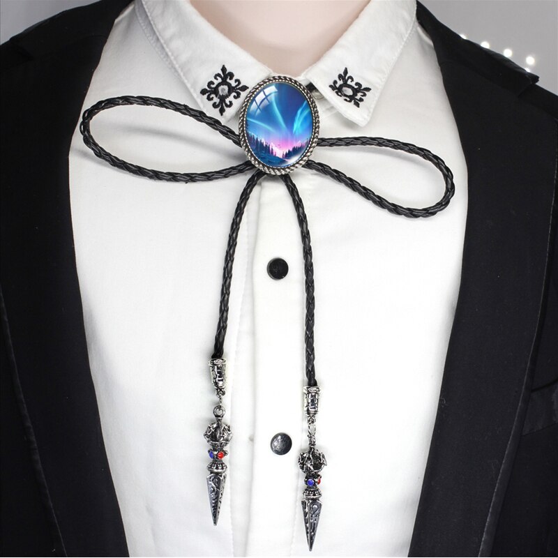 BOLO-00168 nuovo arrivo Polar Light Galaxy Nebula ovale in vetro Cabochon Western Bolo Tie Neck cravatte collana a catena in pelle: 3-1