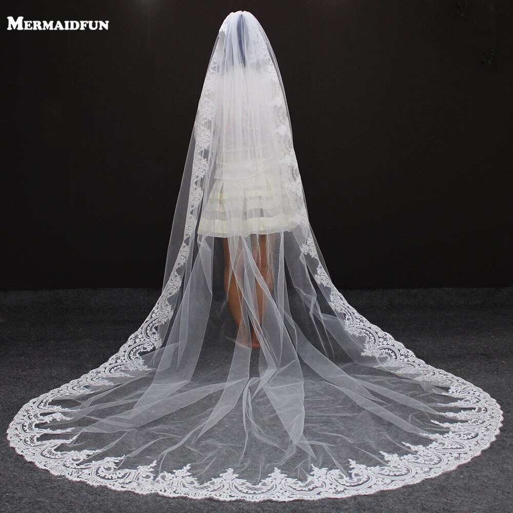 Neue Spitze Lange Hochzeit Schleier Eine Schicht Kathedrale Länge Braut Schleier mit Kamm Schleier de Mariee Hochzeit Zubehör