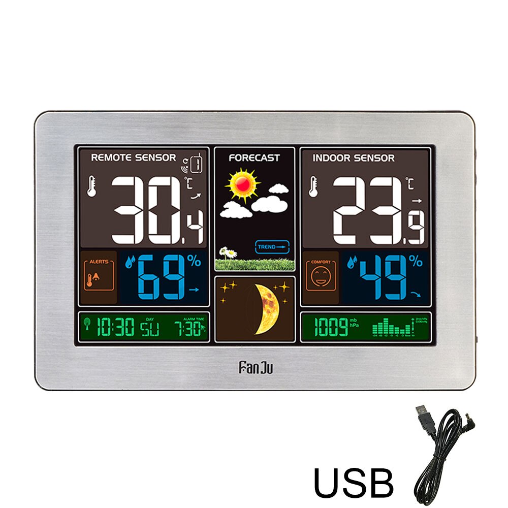 FanJu Weather Station Digital Wall Alarm Clock Table Desk Clocks Thermometer Hygrometer Barometer Wireless Outdoor Sensor FJ3378: Silver