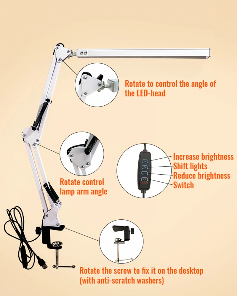 Led-klapbare tafellamp met metalen clip, lange arm, dimbaar, usb-aansluiting, geschikt voor woonkamer, studeerkamer, kantoor, computerbureau en leesruimte.