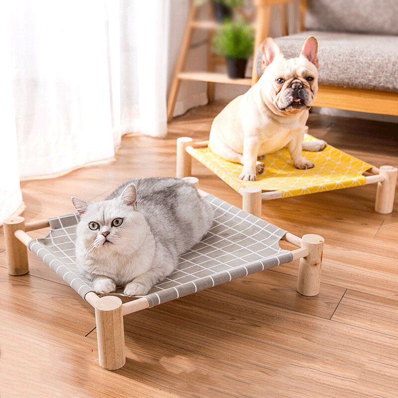 Hamaca de cuatro esquinas de madera maciza para gato, casa de lona, nido para gato, cama extraíble para perro y gato