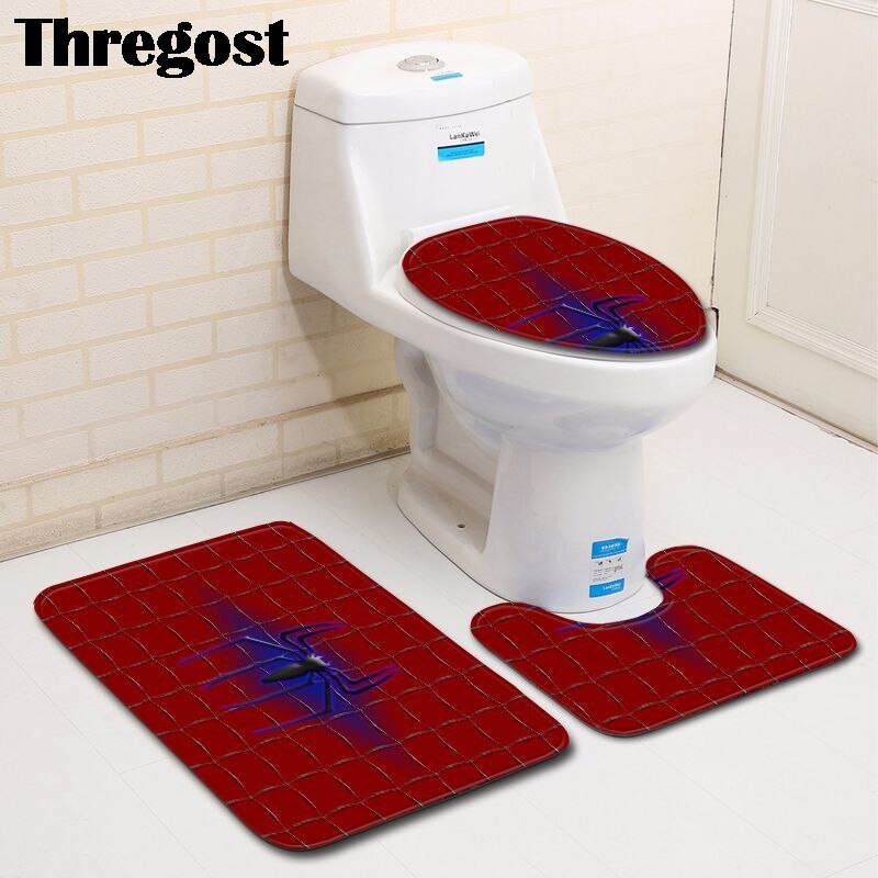 Thregost 3 stuks badmattenset u-vormig badkamertapijt cartoon spinnenpatroon toiletmatten antislip wc-mat waterabsorberende badmatten