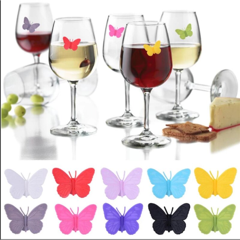 6 Stuks Siliconen Rode Wijn Glas Marker Kleur Vlinder Wijn Cup Identifier Etiketten Tags Teken Zuignap Cocktail Party Bar gereedschap