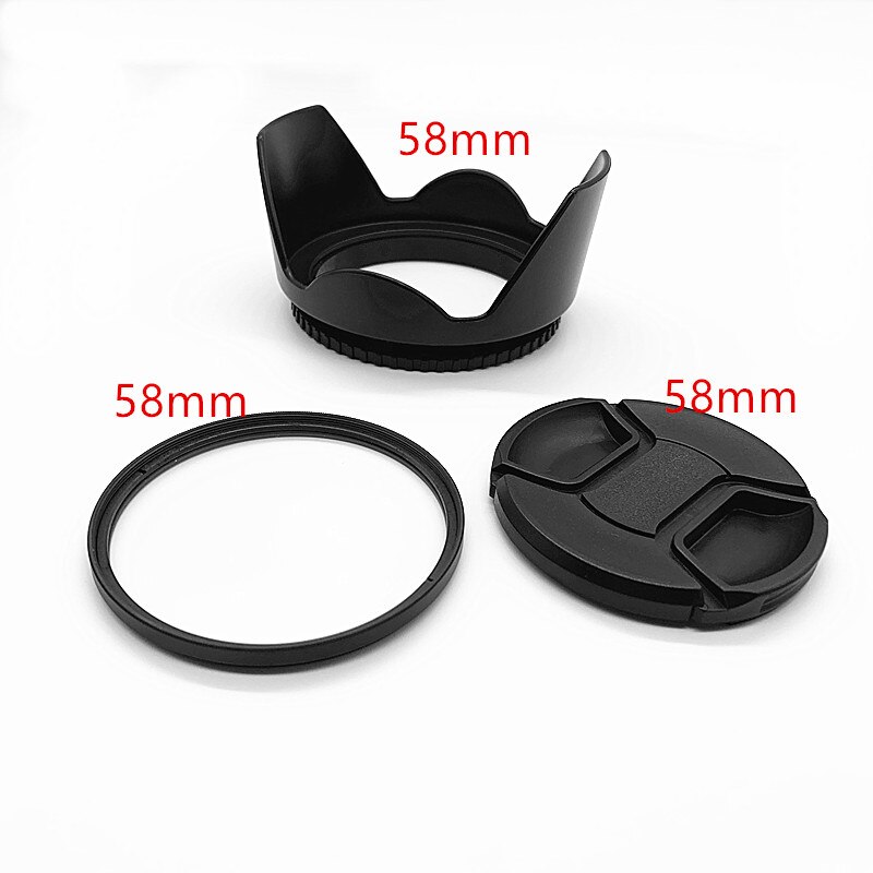 Filtro UV de tapa de lente de 58mm para Canon, EOS, 18-55mm, F3.5-5.6, 55-250mm, F4-5.6 ,400d, 450d, 550D, 600D, 1000D, Kiss, X2, X3, X4, X5: 3in1