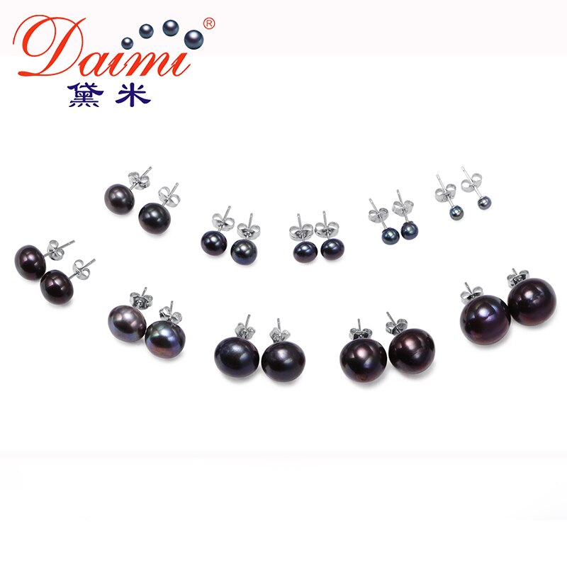 Dmefp 151 sorte perle øreringe 4 størrelse sorte ferskvands sølv 925 smykker udsøgte perleøreringe til kvinder