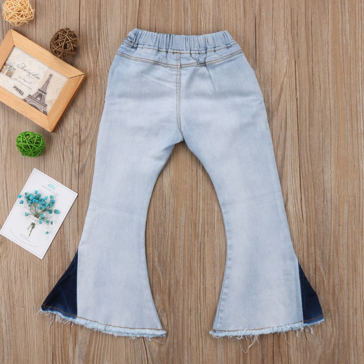Kids Baby Girls Soft Denim Bell Bottom Boot Cut Pants Jeans Hit Color Wide Leg Trousers