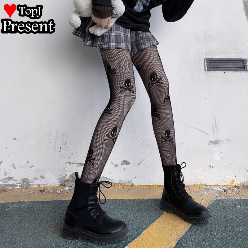 Sexy Women's Fishnet Tights with skull Pattern Mesh Pantyhose Nylons Medias Cute Lolita Collant Hosiery Gothic Street Fish Net