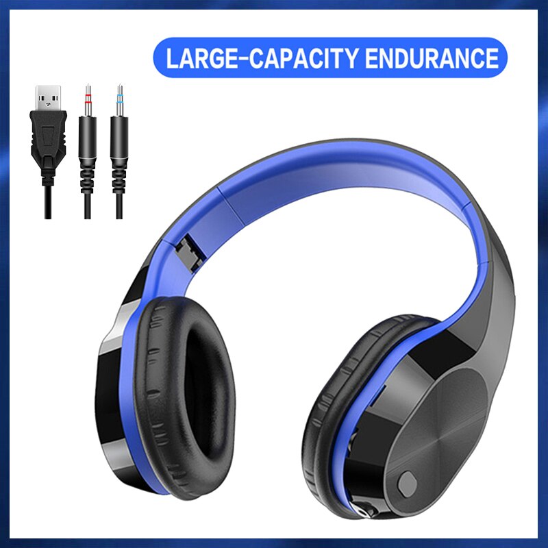 Foldable Wired Wireless Headphone 5.0 Bluetooth Wireless Earphones Stereo Earbuds Gaming Headsets With Microphone PC Laptop: black-blue