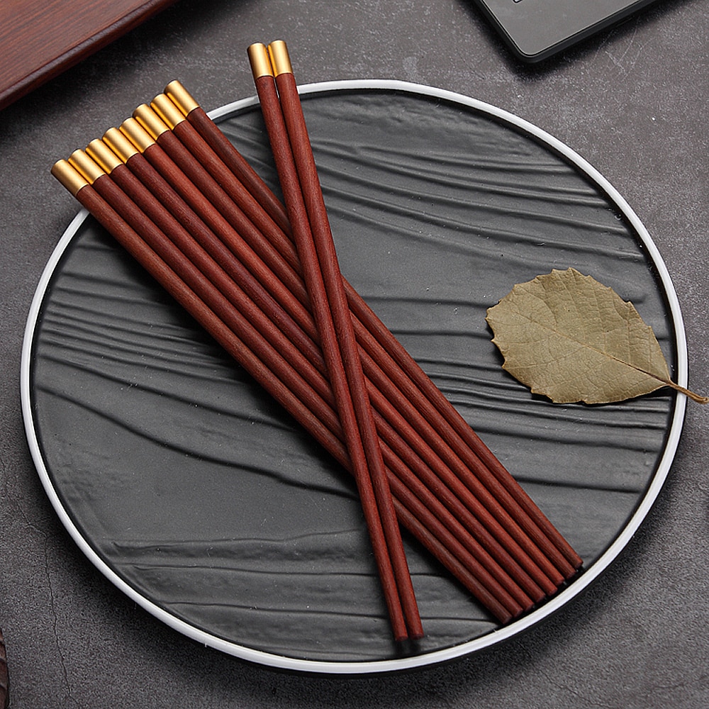 VIP Boutique Box 5 Pairs Red Sandalwood Chopsticks 5PCS Chopstick Rest Solid Wood Pure Copper&quot;FU&quot; Chopsticks Top