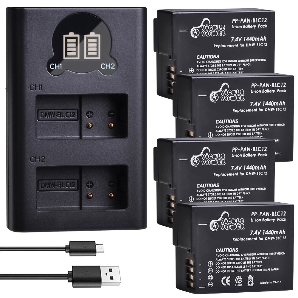 1440mAh DMW-BLC12PP BLC12E DMW-BLC12 Batteria & LED Dual Caricabatterie per Panasonic Lumix DMC DMC FZ1000 FZ200 FZ300 G85 G5 G6 g7 GH2 GX8.: Charger and 4Battery