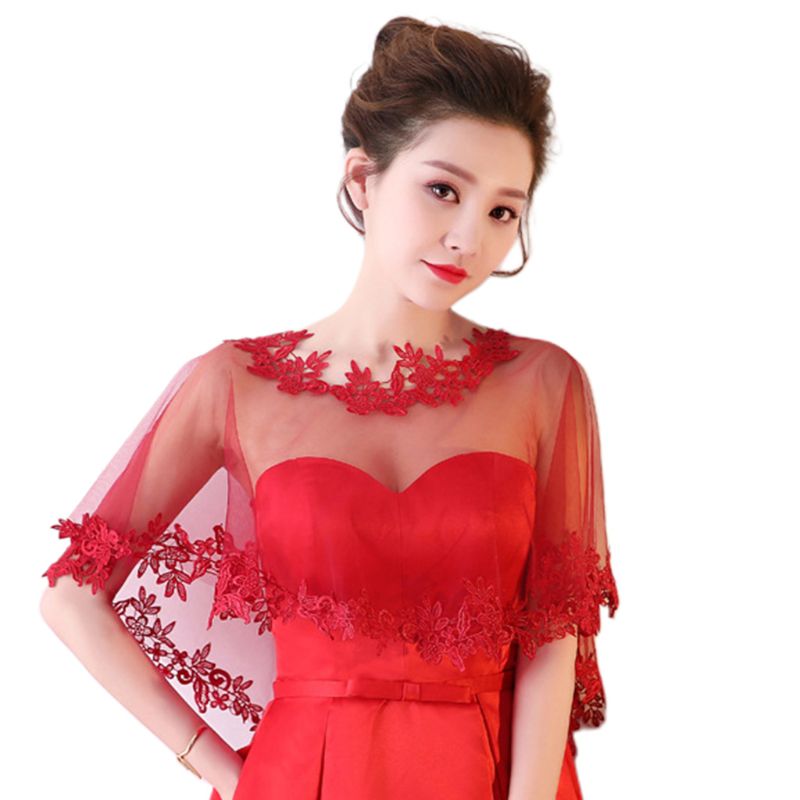 Femmes simple couche pure haut bas mariage châle enveloppement dentelle florale Applique épissage garniture mariée soirée Cape haussement d'épaules Capelet boléro