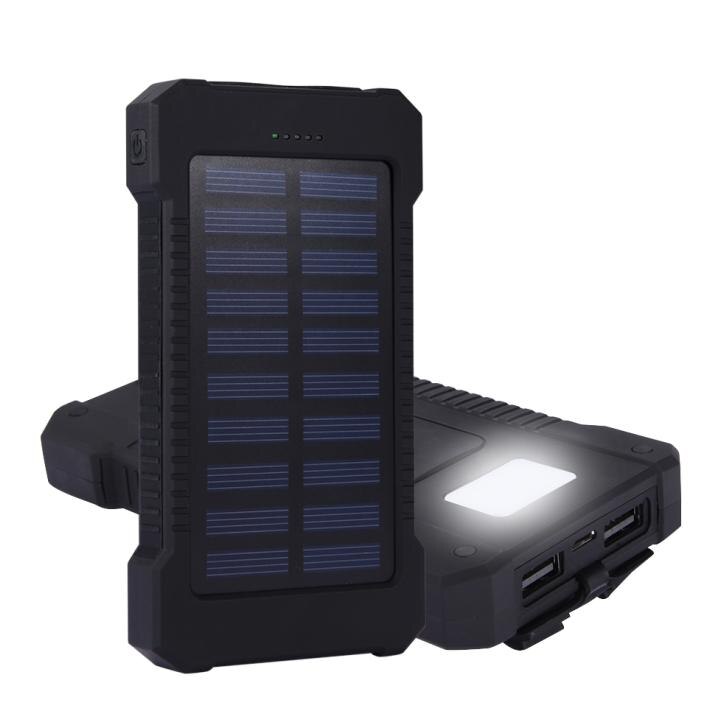 Top Waterproof Solar Power Bank 10000mah Dual USB Li-Polymer Solar Battery Charger Travel Powerbank With a compass LED light: Black