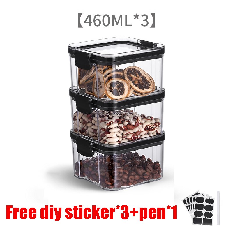 460-1800ml set stackable kitchen sealed cans plastic food storage boxes multigrain cans dried fruit tea storage containers: 460ml  X3