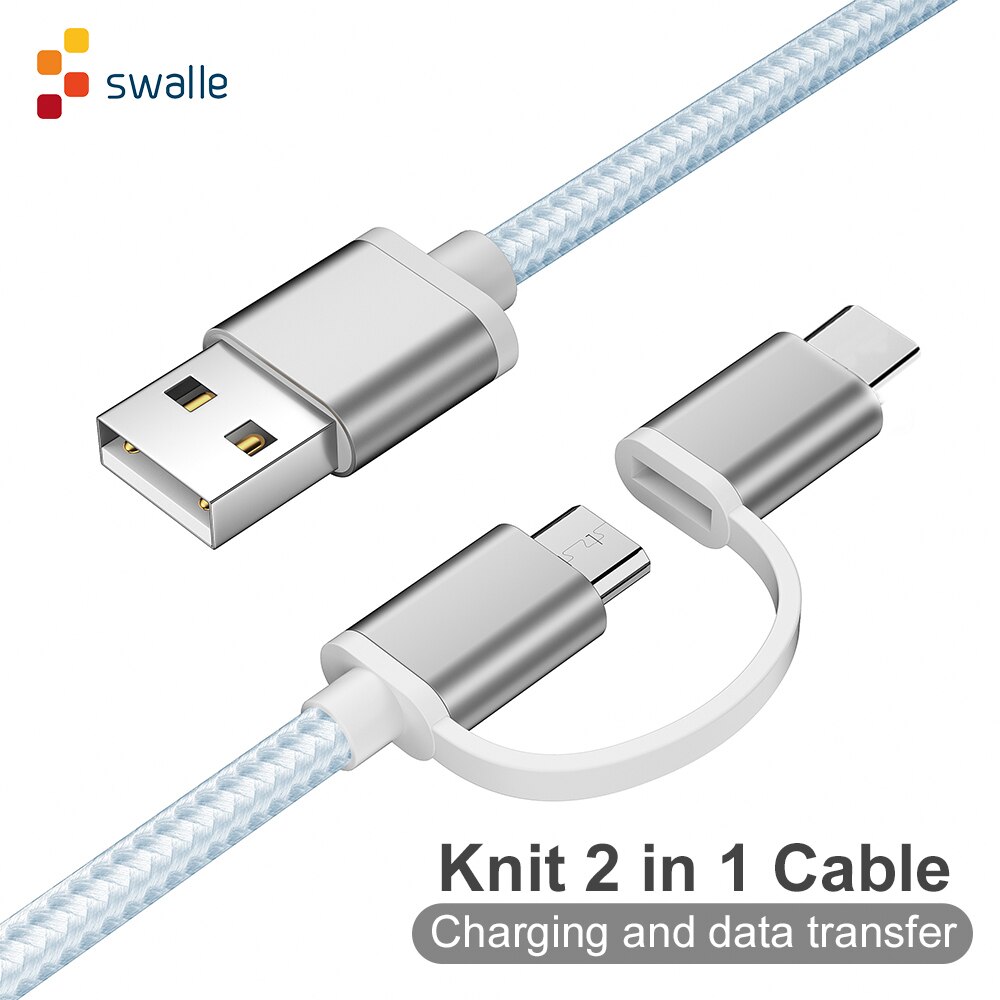 Swalle Mobile Phone cable fast Charging micro usb Cable for Samsung S10 Plus Type c Micro USB 2 in 1 quick charge date cable