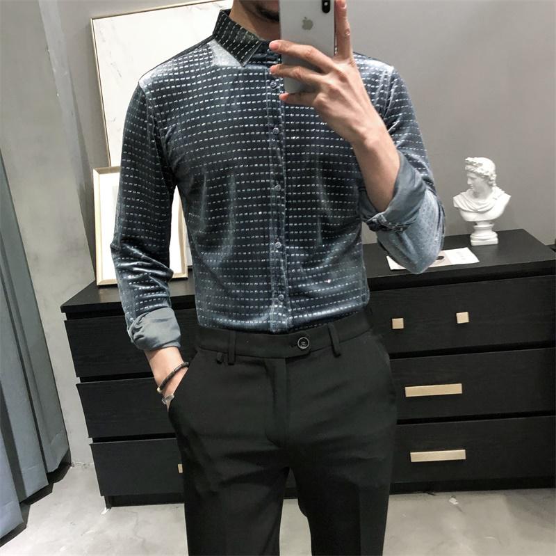 Polka Punkte Gedruckt Velours Herren Kleidung modisch Modische Grau Blau Samt Kleid Gentleman Herren Bluse Weichen Unsual Hemden: Blau / Größe M50 zu 55kg