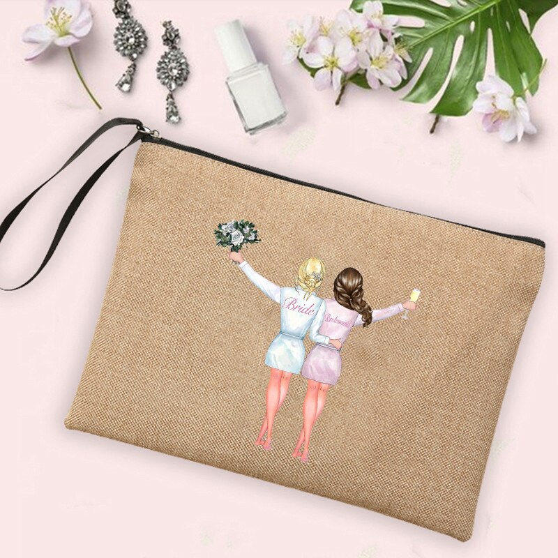 Team Bride Print Cosmetic Bags Bachelorette Party Neceser Makeup Bag Linen Pouch Travel Toiletry Organizer Bridal Shower: Q08304-A012BR-S