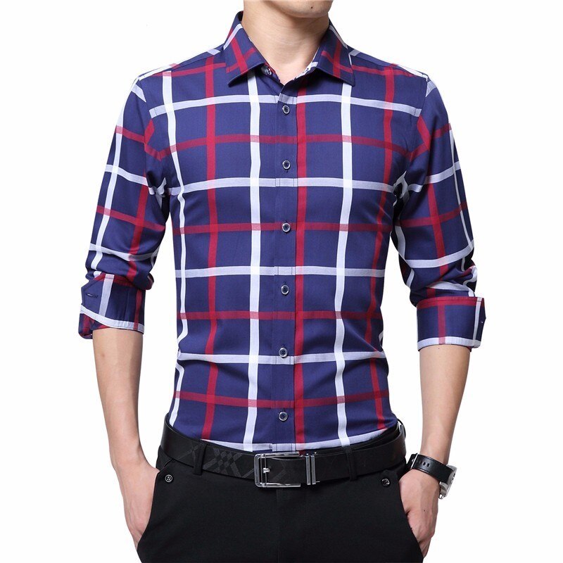 TFETTERS-Camisa a cuadros de algodón para hombre, ropa informal de talla grande, de manga larga, a cuadros rojos y blancos, con cuello vuelto: Azul / Asian size XL