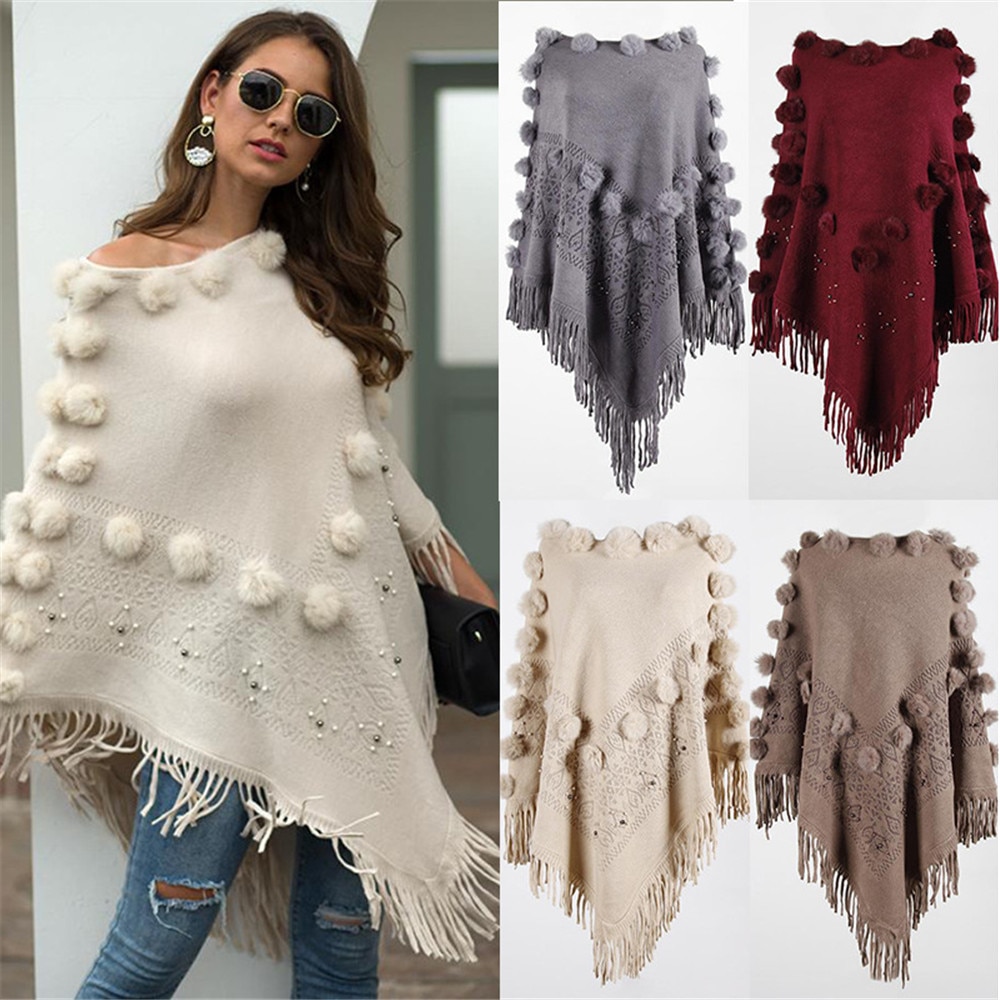 Cape Poncho pour femmes, col rond, avec pompon tricoté, Capes solides, manteau , Cape, châle, automne