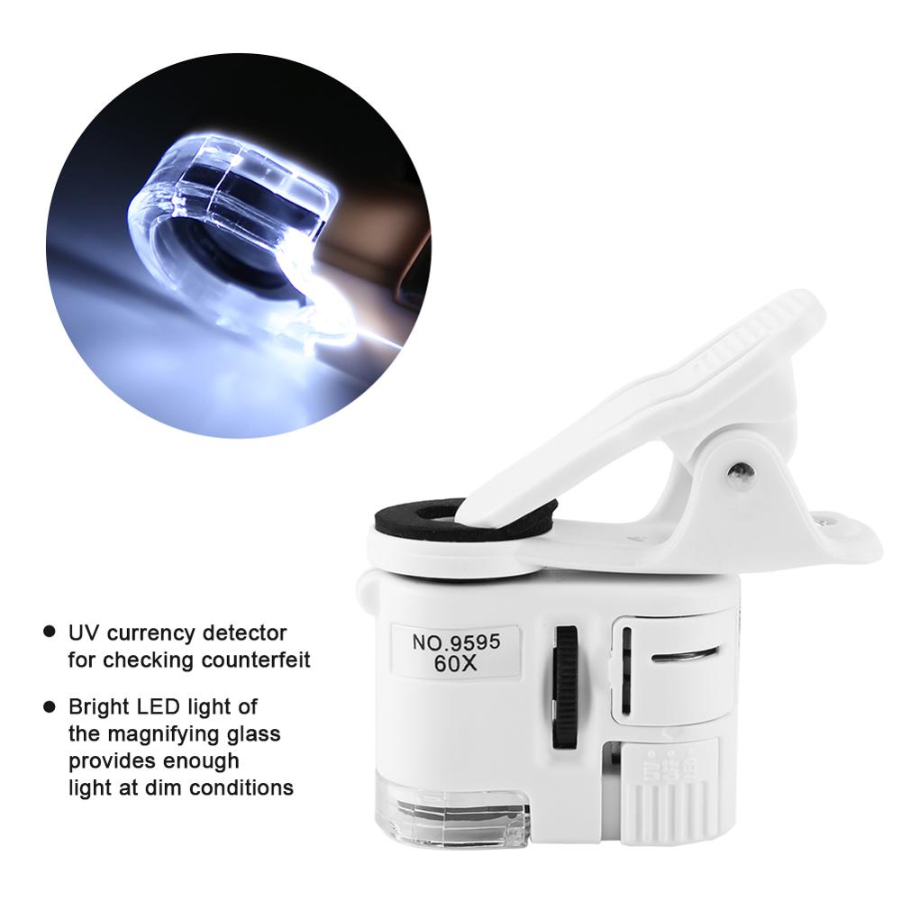 9595W 60X Magnifying Glass LED UV Light Mini Mobile Phone Clip Microscope