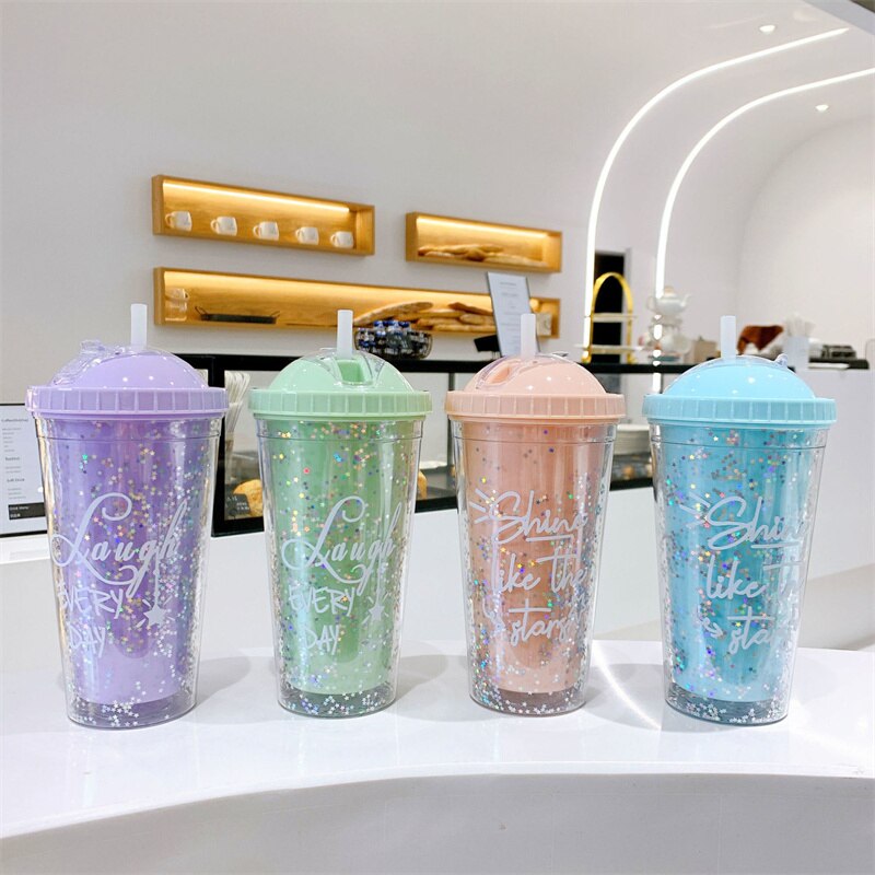 Straw Cup Double Layer Eco-Friendly Plastic Drinkware Ins Girl Water Cup Anti-fall Milk Coffee Cups For Home Office J170