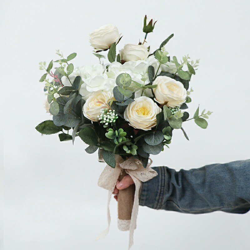 SESTHFAR Weiß Grün Pfingstrosen Rose Hochzeit Strauß Boho Künstliche Brautjungfern Hält Blumen Braut Eukalyptus Hand Strauß: aus Weiß-kurz