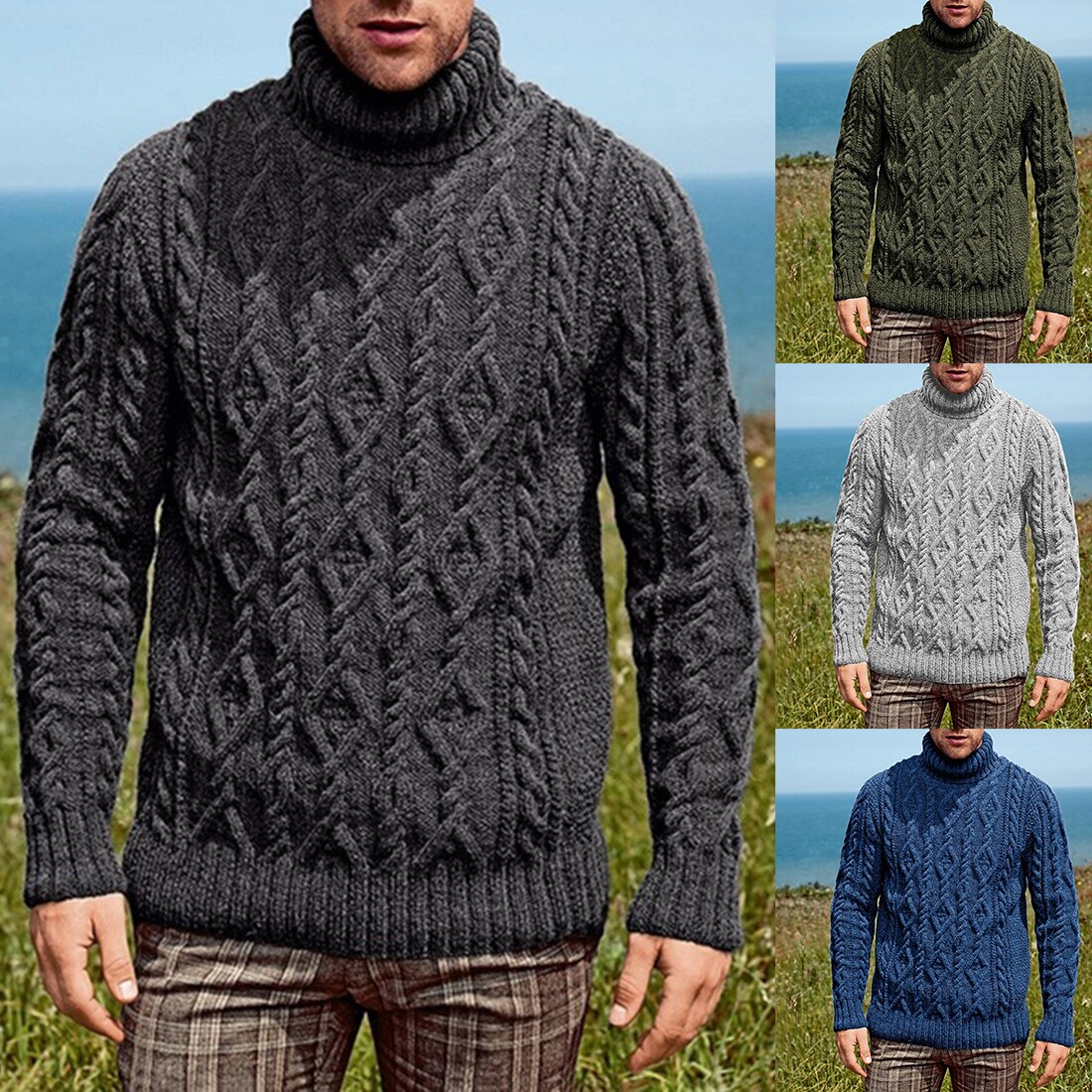 Puimentiua 4 Kleur Mannen Trui Effen Kleur Lange Mouw Turleneck Winter Gebreide Blouse Casual Plus Size Truien Trui