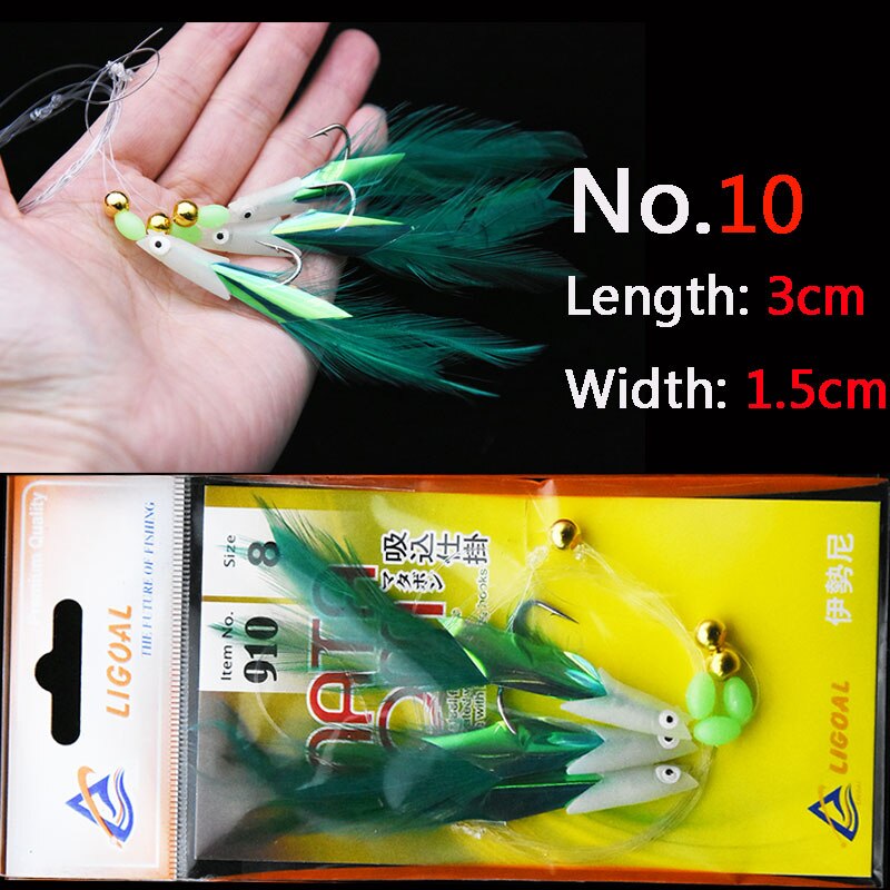JYJ 3-Haken/Set leuchtender Fischkopf-Angelköder, Einzelhaken, Tack-Köder, Jigs, Wurmfischen, Sabiki-Schnurhaken: green