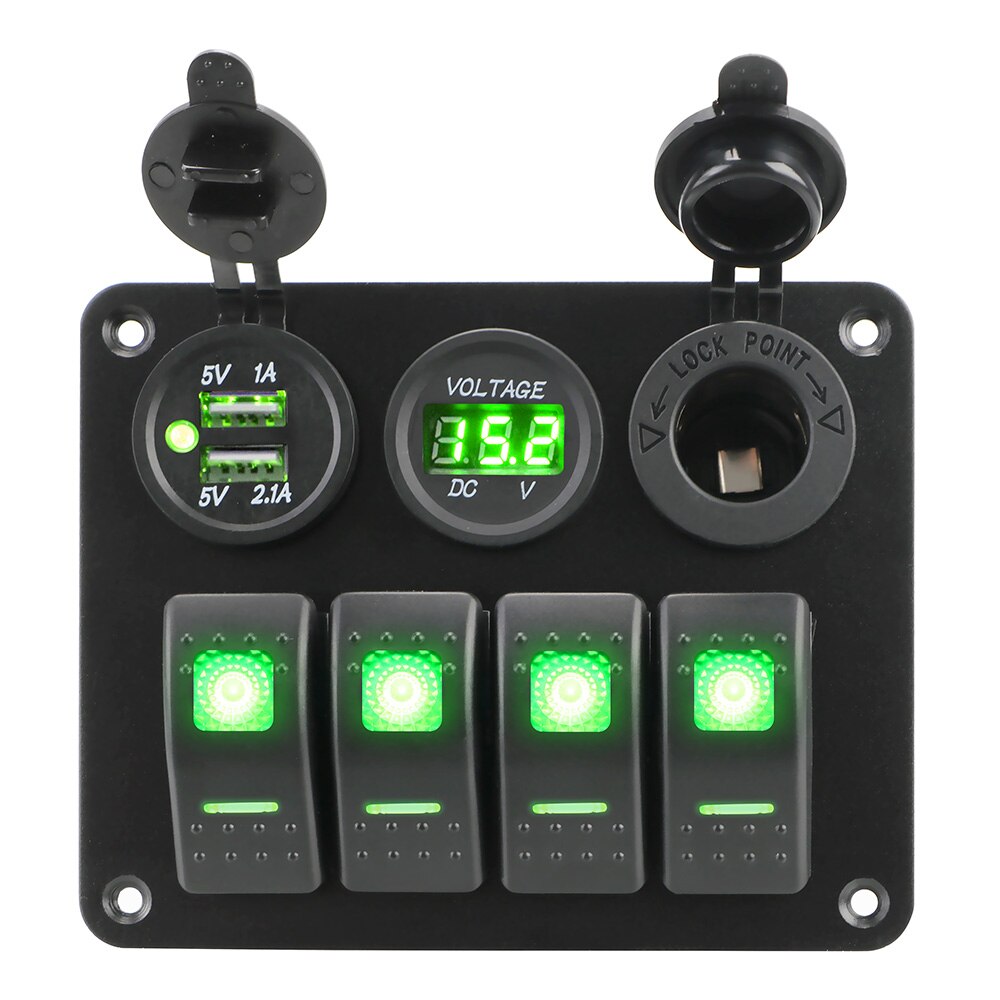 4 gangs 12v/24v led vippebryter panel dobbel usb port effektbryter vanntett digital voltmeter for bil rv campingvogn campingvogner