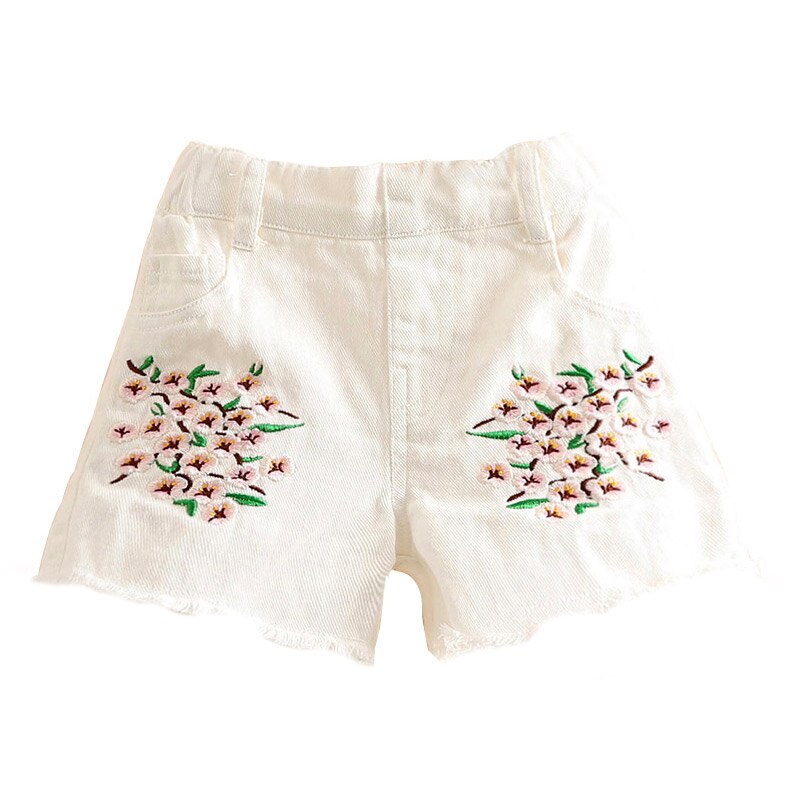 Zomer baby meisjes denim shorts koreaanse bloemen borduurwerk meisjes jeans maat 3 4 5 6 7 8 t peuter kinderen elastische taille shorts