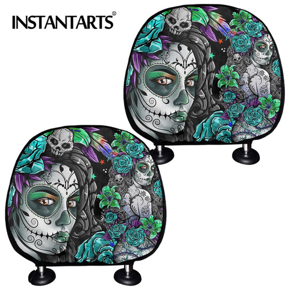 INSTANTARTS Day of Dead Car Seat Headrest Covers Sugar Skull Pattern Breathable Protective Rest Cushion Covers Universal: HTAA0219D1
