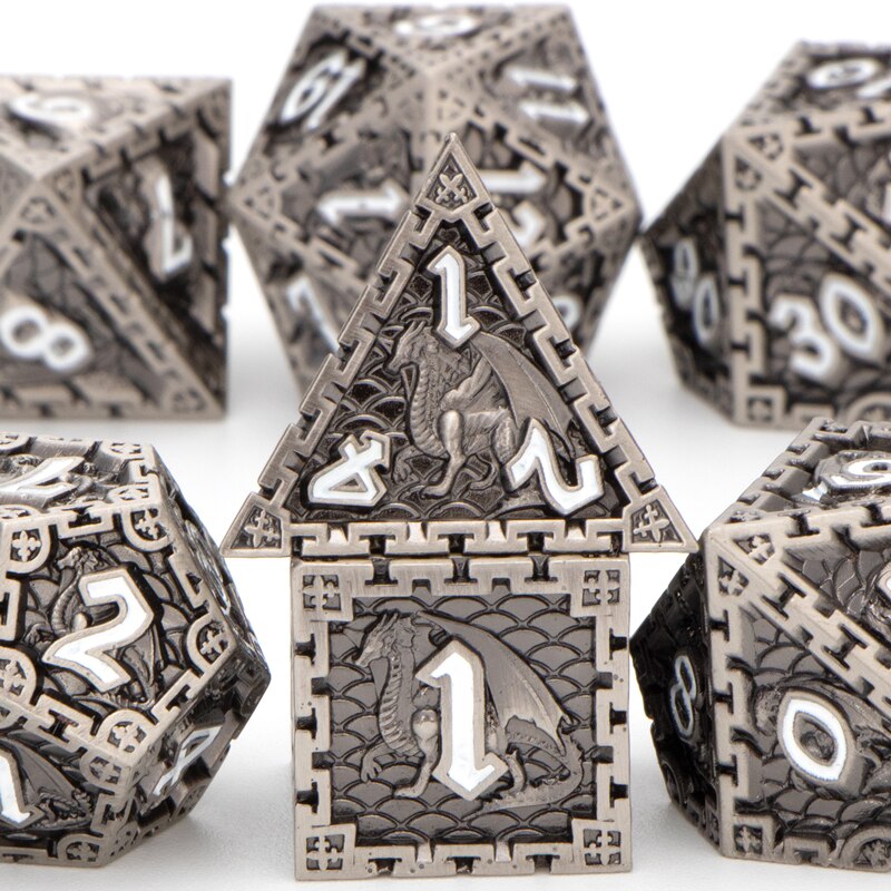 Set di dadi Dnd arcobaleno nero 7 pezzi RPG D &amp; D D + D dadi in metallo poliedrico prigione e drago D20 D12 D10 D % D8 D6 D4 gioco di ruolo