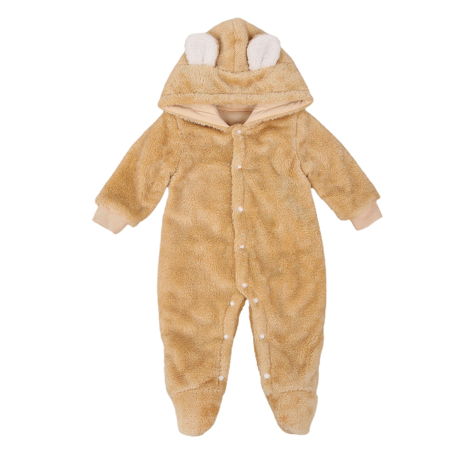 Baby Jongen Meisje Winter Romper Lange Mouw Herfst Verse Pluche Effen Kleur 3D Oren Hooded Een Stuk Lange Broek: Khaki / 9-12 months