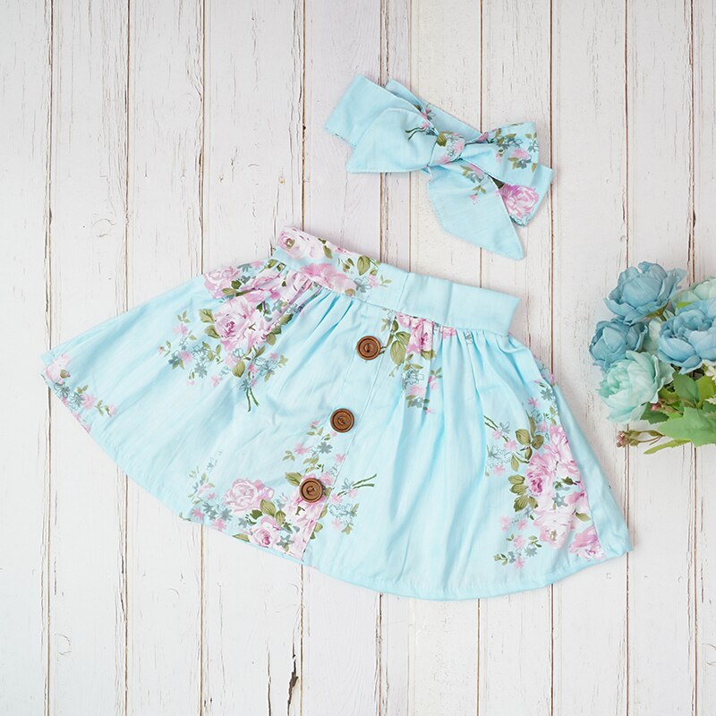 Baby piger nederdele sommer bomuld blomsterknap knælængde tutu blå pink blomsterprint skrit matchet pandebånd setjupe rokken: Blå / 24m