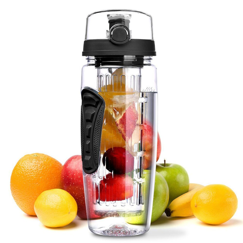 BPA Freie Obst Flasche für Wasser Flasche Obst Infuser Trinken Wasser Flaschen Saft Sport Zitrone Tritan Wasser Flasche Fitness Mädchen: Schwarz 1000ml