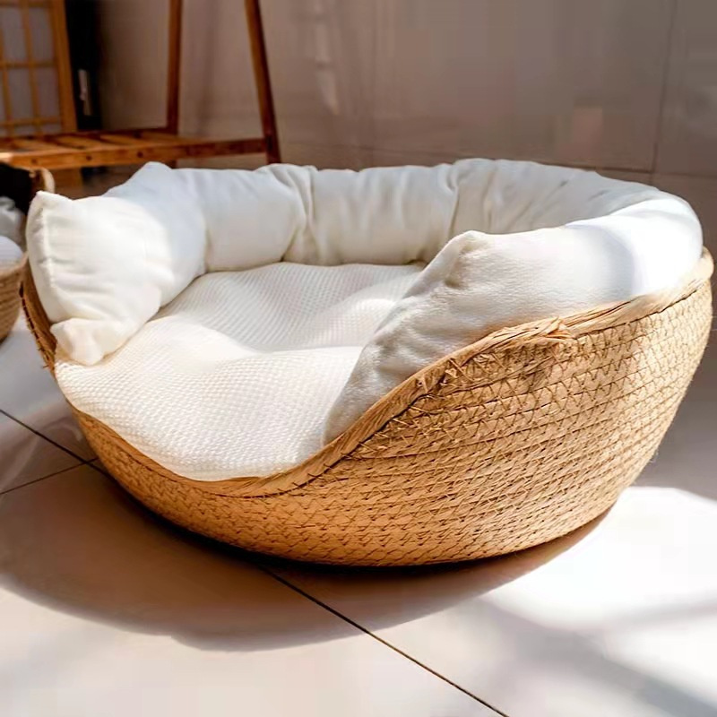 Cat Mat House Pet Bed Kennel Dog Beds 100% Handmade Bamboo Weaving Four Season Cozy Nest Removable Cushion Sleeping Bag CW268