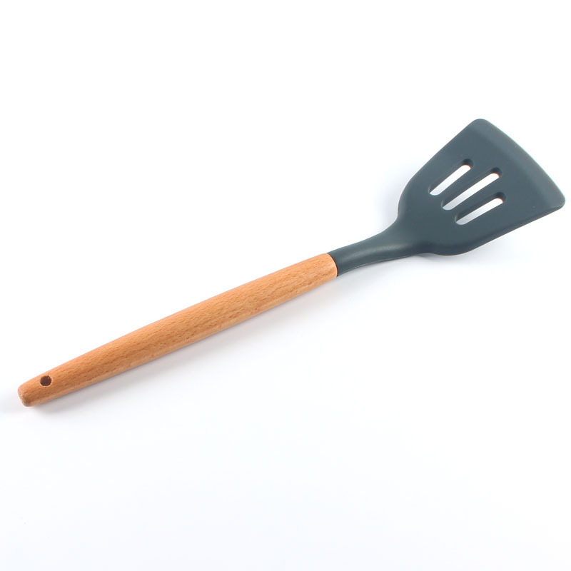 12Pcs Silicone Cooking Utensil Set Wooden Handle Spatula Soup Spoon Brush Ladle Pasta Colander Non-stick Cookware Kitchen Tools: Hollow out shovel