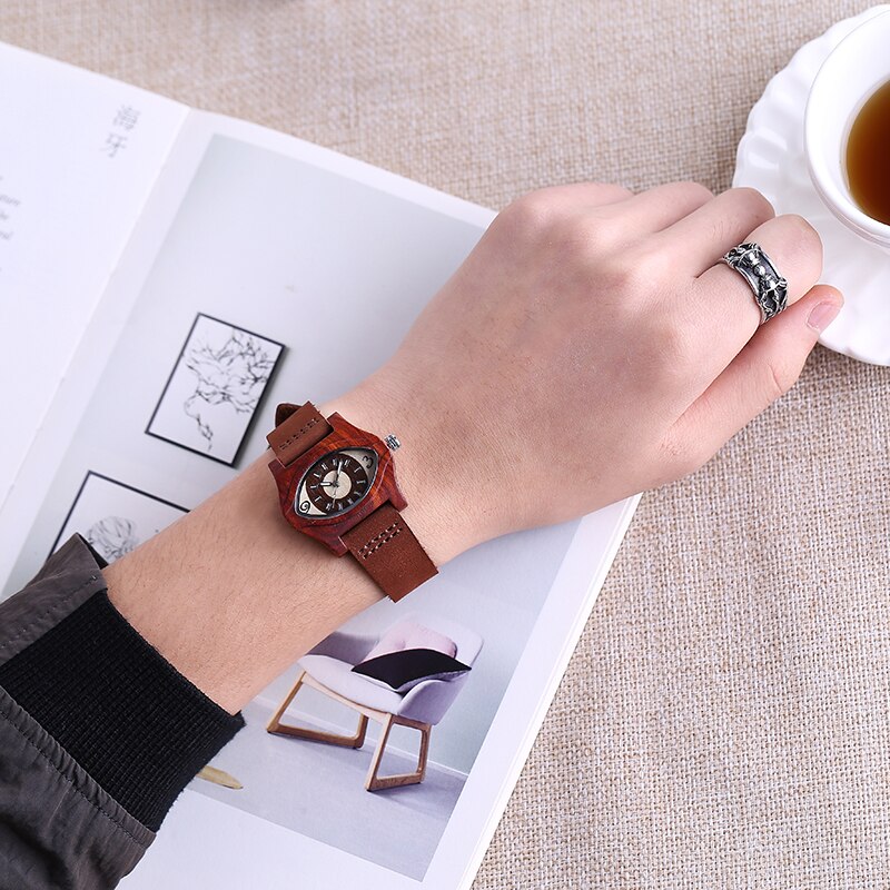 Nieuwste topmerk heren houten horloge unieke ogen wijzerplaat houten quartz horloges stijl leren band heren houten horloge