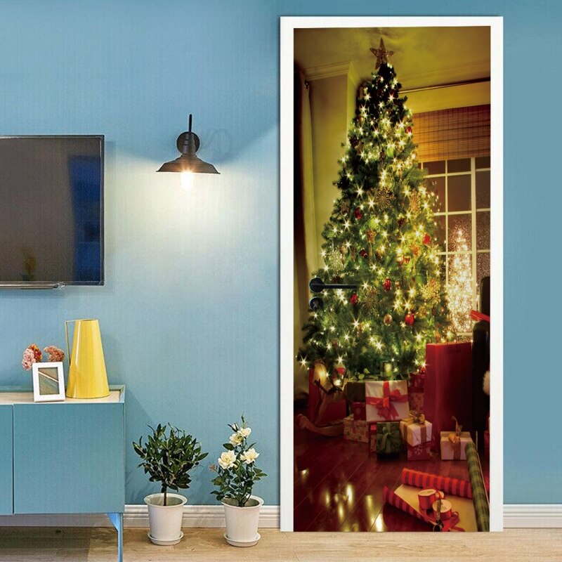 2 stk / sæt 3d juletræ dekorative køleskabsdør klistermærke fototapet mærkat