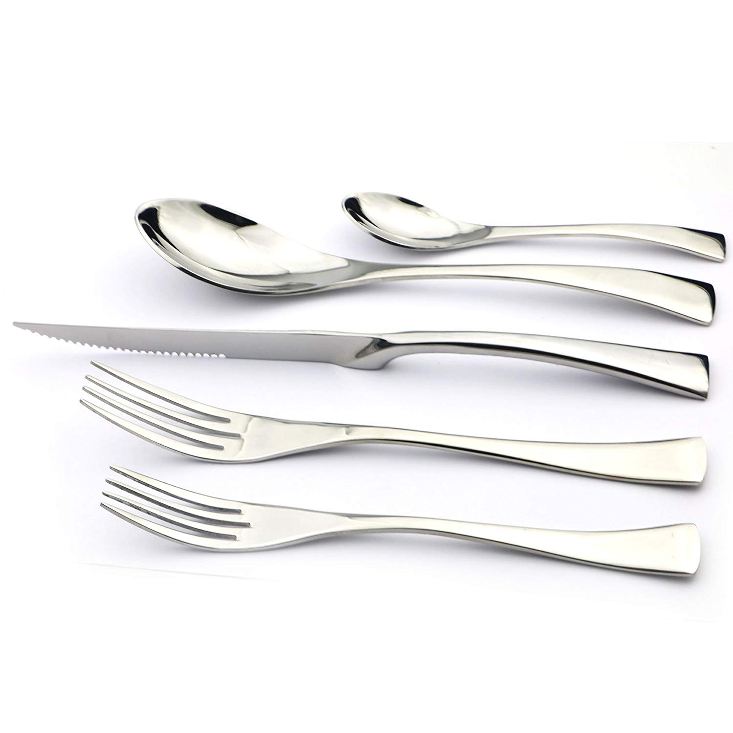 JANKNG 5-Pcs Silver Flatware Set 18/10 Stainless Steel Gold Dinnerware Serrated Knife Fork Spoon Cutlery Food Tableware