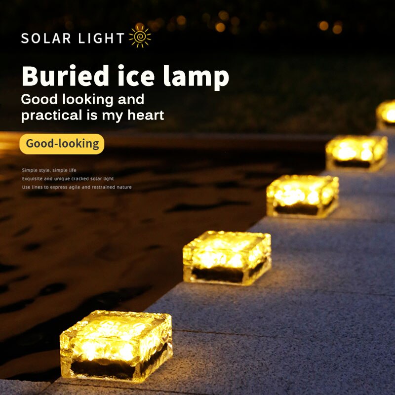 Solar Light IP65 Waterproof Clear Glass Ice Rock Brick Paver Light White Warm White Blue LED Outdoor Lamp Garden Decoration