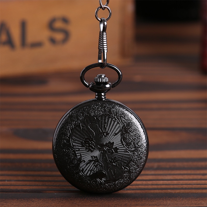 Antieke Stijl Romeinse Cijfers Zakhorloge Mannen Vrouwen Black Hollow Case Quartz Steampunk Vintage Hanger Ketting