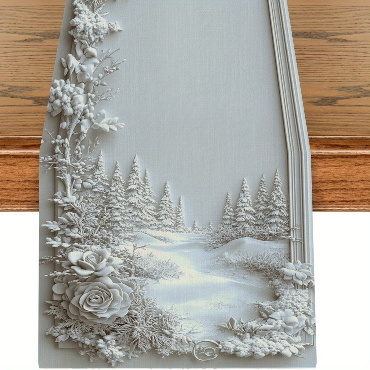 1pc juldukar med snöig skog och blommiga blad, snöig skog med tallar, rosor och bär, polyesterduk