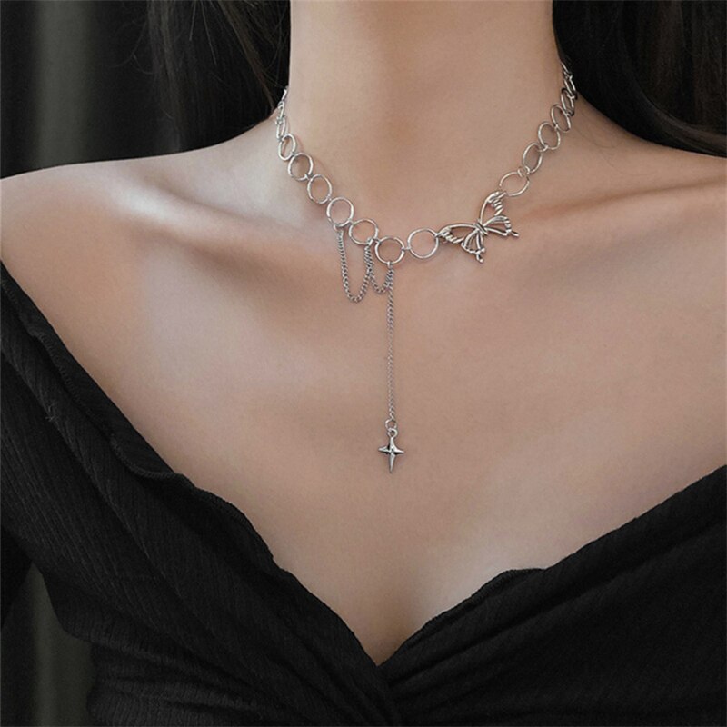 Trendy butterfly tassel necklace hollow collarbone chain simple women's temperament jewelry collares para mujer collares