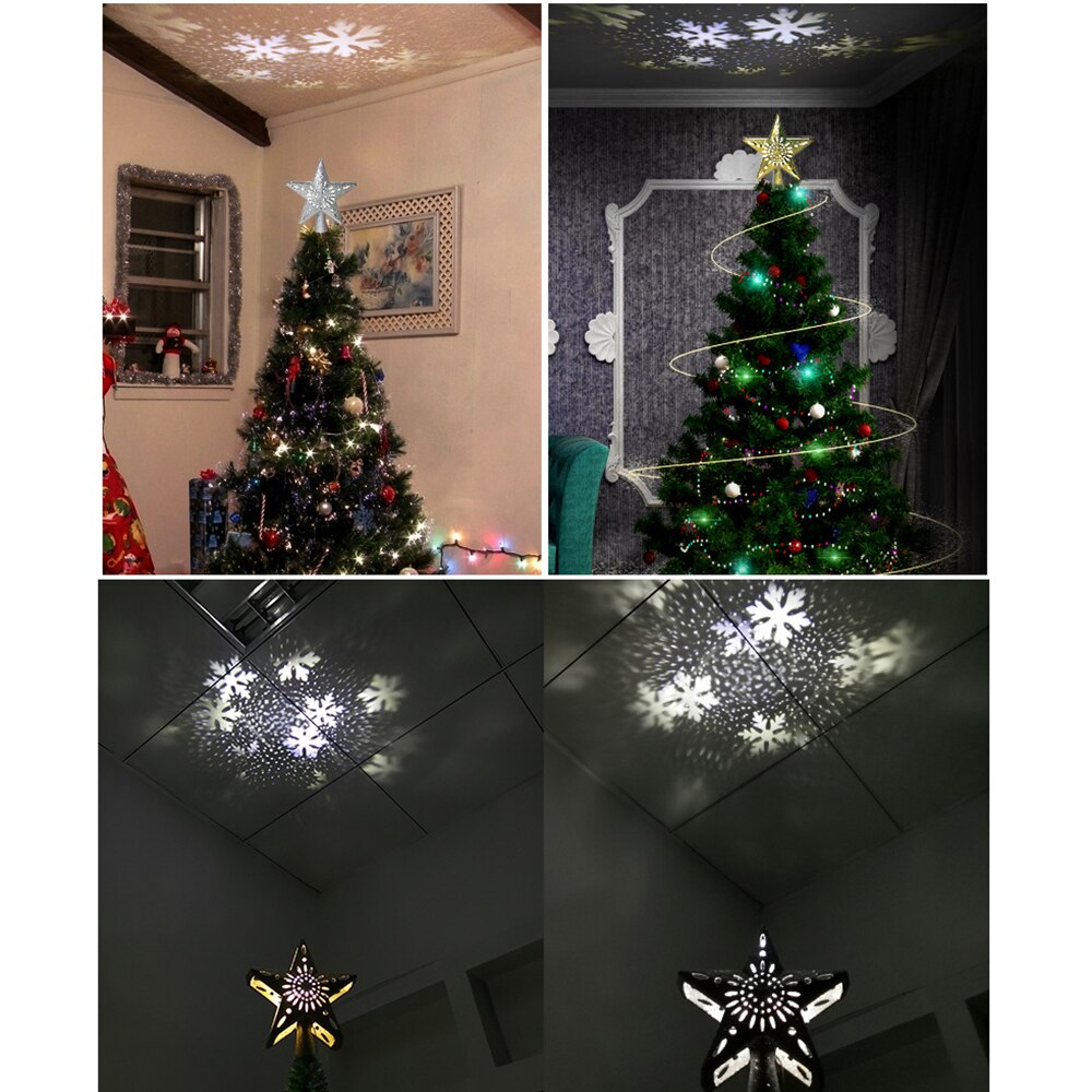 Jul 3d blinkande stjärnor julgran toppdekoration led roterbara stjärnor snöflinga projektionsljus julgranshänge