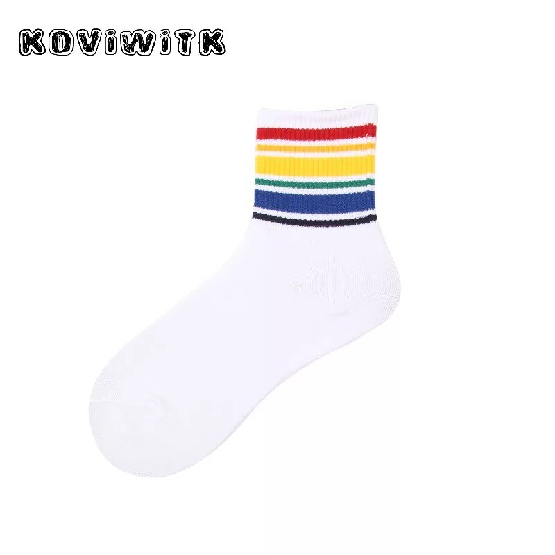 Vinter regnbåge randiga bomullsstrumpor för kvinnor svart/vit sport tjejer college stil strumpa trendiga vilda harajuku rolig konst varm sox: Vit tjock remsa