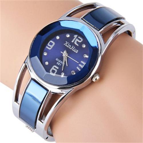 Women Bangle Watch Bracelet Quartz Watch with Rhinestone Round Dial Stainless Steel Band Wrist Watches with Box: 681Navy blue