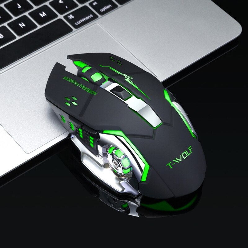 Souris de jeu sans fil Rechargeable Q13, silencieuse et ergonomique, 6 touches, rétroéclairage rvb, T-WOLF DPI, pour ordinateur portable Pro Gamer, 2400: Black