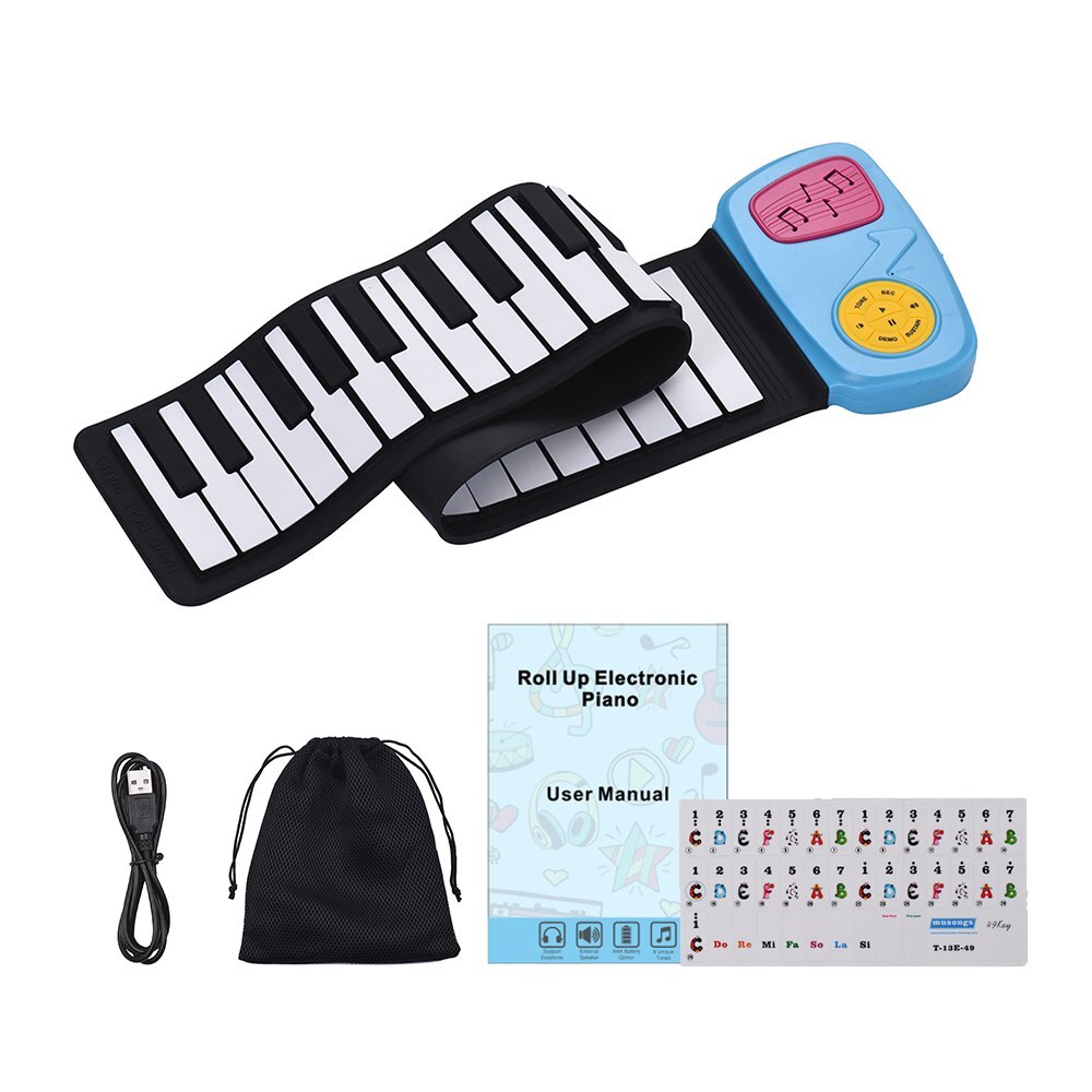 Portable 49-Key Silicon Electronic Keyboard Roll-Up Piano Built-in Speaker With Cartoon Sticker for Children Kids