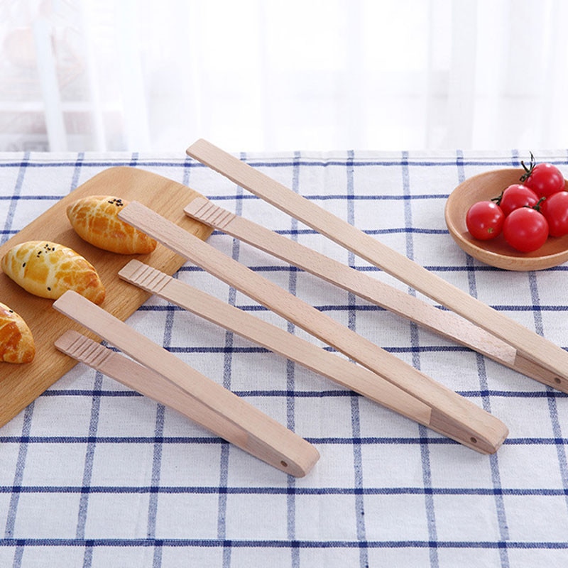 Pinza de madera Natural para comida, pinza práctica de haya, fácil agarre, sartén de postre, pinzas de cocina, pinza para ensalada, utensilio de cocina