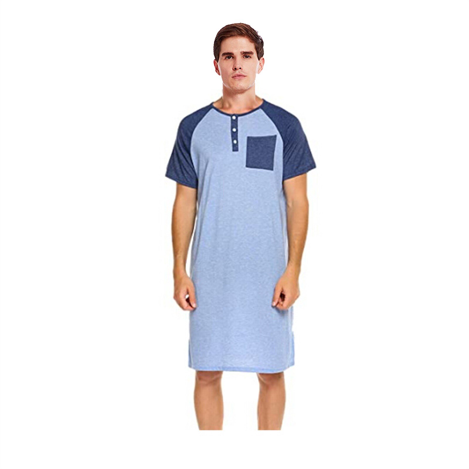 Men Short Sleeve Sleep Robes Vintage Pajamas O Neck Pockets Solid Color Nightgown Kaftan Mens Bathrobes Homewear Nightdress#g30